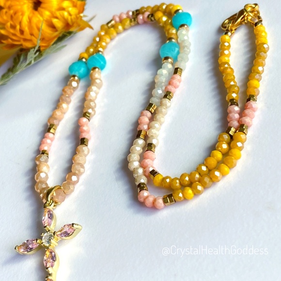 Amazonite with Austrian Crystals Christian Cross Necklace - Picture 7 of 11